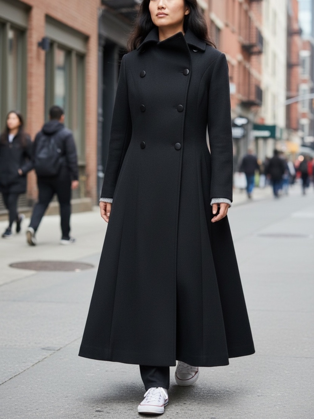 Vintage Alan Cherry Full-Length Swing Wool Double-Breasted Flared Coat Black  M